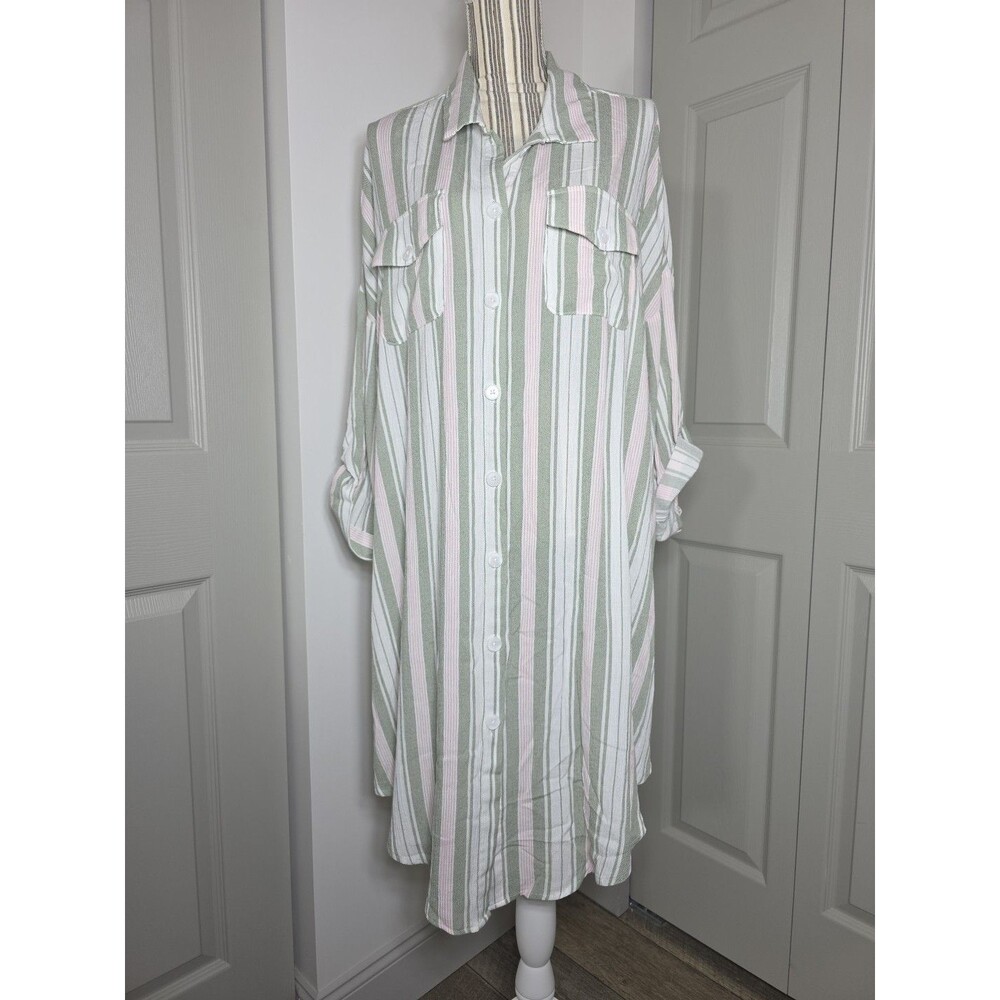 Striped Shirt Dress Button-front Collared Neck Roll Tab Sleeve Chest Flap Pocket